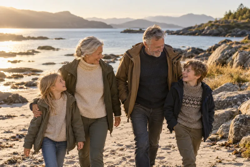Illustrative image of grandparents and children on a seaside walk